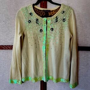Artistica Wool Angora Beaded Sequin Hook Front Cardigan Leopard Print Sweater
